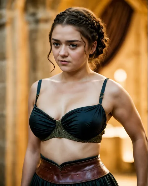 Foto RAW, Arya Stark, Extremely gorgeous lady, Arya Stark PLAYED BY MAISIE WILLIAMS, Queen Arya Stark, she  a mature woman now, milf, sexy mediaeval battle dress, gladiator woman, body, 40 years old Woman, body revealing costumes, perky breast, big natural...