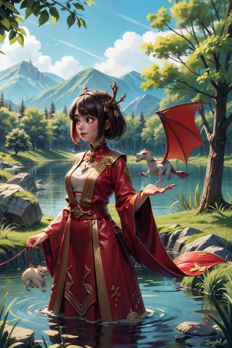 A beautiful Slender adult girl of Slavic appearance in a beautiful festive outfit plays with her little pet dragon on the shore of a large lake in sunny weather, when no one is around and no one sees them