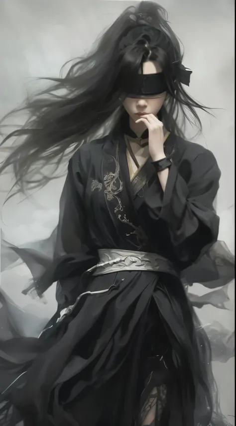 Drawing of a woman with long black hair and a blind man, Yang Jian, Beautiful character painting, Gurwitz style artwork, Gurwitz, Guwiz from Pixiv Art Site, Gurwitz in art station pixiv, flowing hair and gown, Li Song, Tang Yifen, Dark Fantasy Art, Zeng Ji...