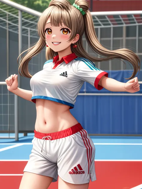 masterpiece, best quality,minami kotori, cowboy shot,1girl, smile, shirt, earrings, white shorts,red sportswear, red soccer_unif...