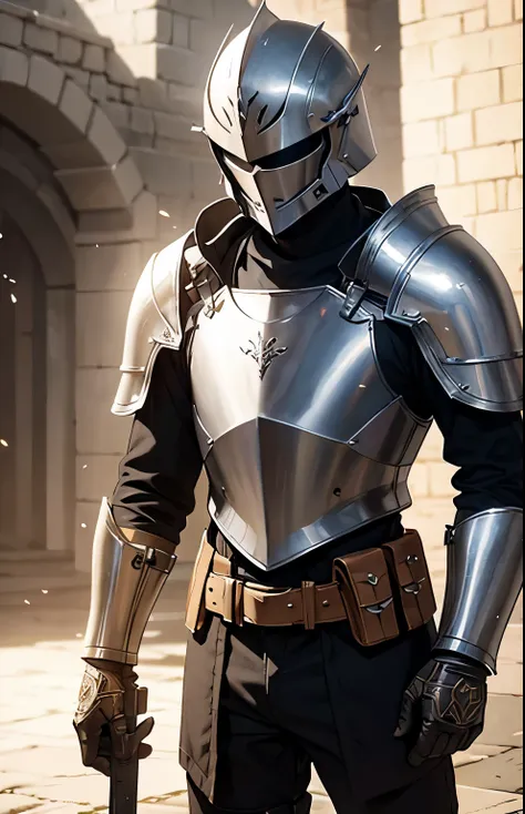 simple soldier, light leather armor, wearing an helm, looking at viewer, looking at camera, medieval fantasy, detailed, cineatic lights, hd, ultra hd, light particles 