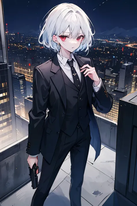 ((highest quality)), ((masterpiece)), (detailed), Perfect Face、
standing on the roof of a building、With a slightly tired look、Night view of Roppongi、
Wearing a black suit、With a gun in one hand、White hair、straight、short