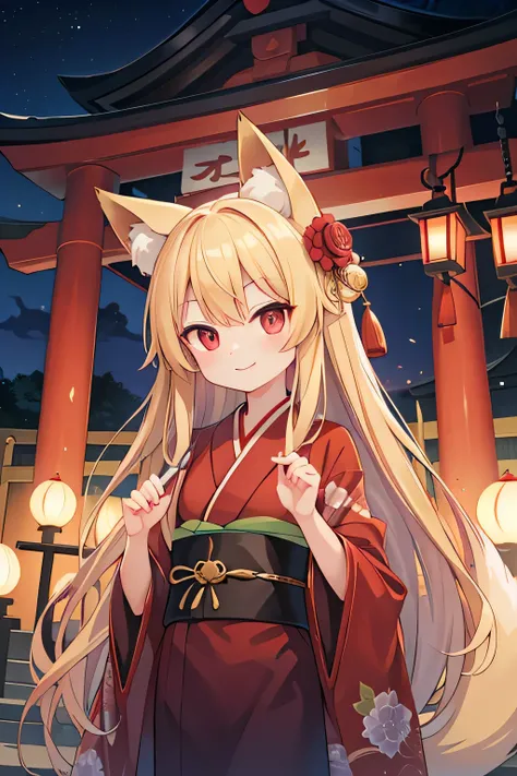 highest quality、Fox ears、Long blonde、Red Eye、kimono、smile、Standing in front of a shrine、Sword in right hand、Foxfire、night