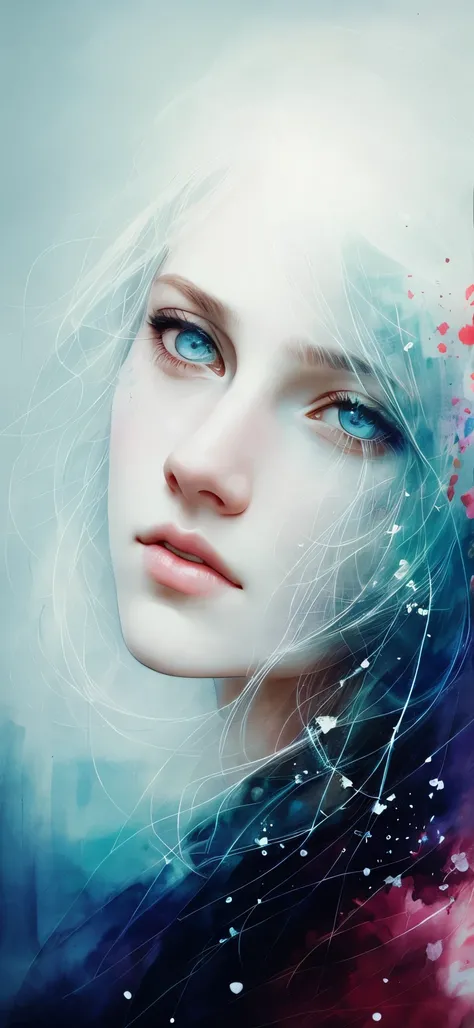 Uma mulher de Agnes Cecile, corpo inteiro,design luminoso, pastel co lours, pingos de tinta, luzes de outono