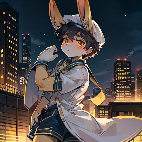 Bright outside，Lop-eared rabbit boy，Male focus，furry men，Characteristics of three-year-old boy，One meter three height，Golden Eyes，Gray skin，Sailor Suit，Sailor Shorts，Sailor hat，City bright background