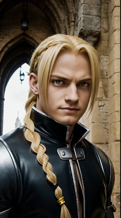 edward_elric, blonde hair, yellow eyes, single mechanical arm, braided ponytail, em um castelo medieval