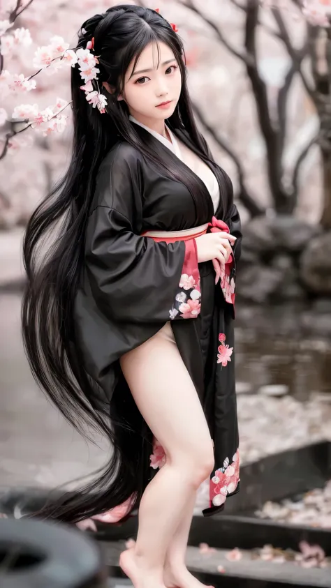 beautiful eyes, flowing black hair, elegant kimono, cherry blossom background, traditional fan, serene expression, soft lighting, traditional Japanese art style, vibrant colors, peaceful ambiance, delicate features, graceful posture