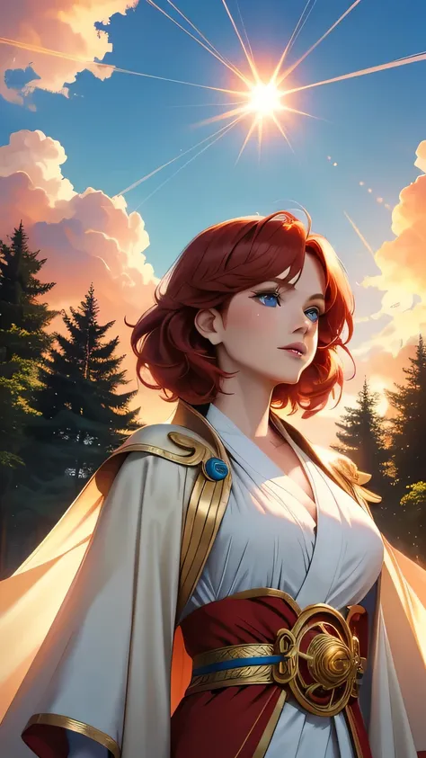 Best quality, 30 year old woman, short red hair, blue eyes, sunset, upper body,  colourful mage robes, flowy,  opulent, luxurious, god rays, fluffy clouds, sun, complimetary colours, sunny forest,