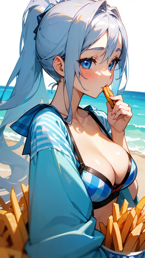 1 girl、Anime style painting、Silver Hair、Long Hair、Beautiful blue eyes、Vibrant colors、Strapless bra、Gingham check tube top bra、My chest is a little visible、smile、From the side、Eating French Fries、、Upper body close-up、Sandy beach background、Sharp contours