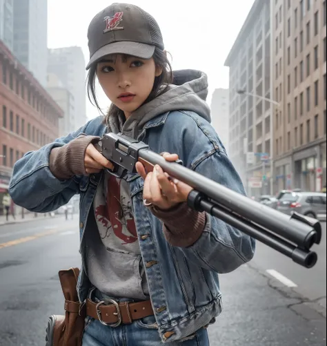 8K, realistic photo, realistic skin texture, アメリカ在住の美しい日本人woman、An old, rusty beige pickup truck with the door open and sitting in the seat、American mountain town、indians baseball cap、Grey hoodie、A１Flight jacket、BROWNING CYNERGY  Ultimate Tukey　shotgun、loo...