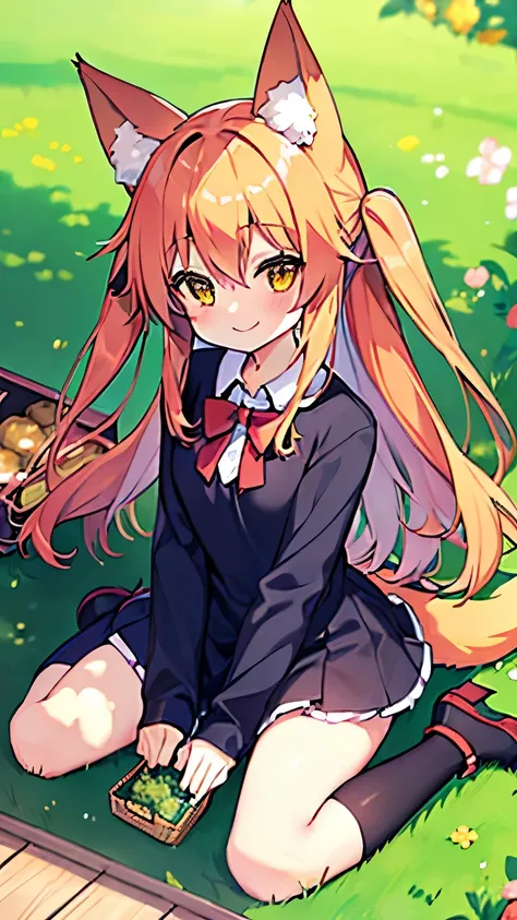 (1catgirl and 1foxgirl),1catgirl,cat ears,cat tail,1foxgirl fox ears,fox tail, smiling, sitting on the grass,opening tow bento boxes, spring flower field background,