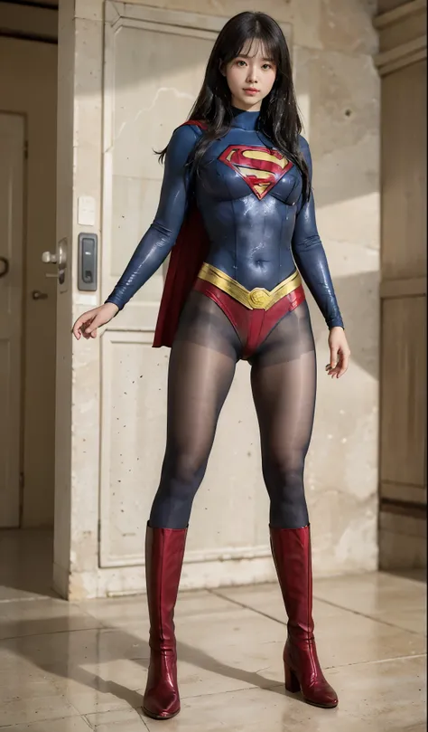 No background、(((Beautiful legs in black tights.)))、(((Legally express the beauty of your smile)))、((((Make the most of your original images)))、(((Supergirl Costume)))、(((Beautiful Hair)))、(((suffering)))、(((Please wear black tights....、Wear red boots)))、(...