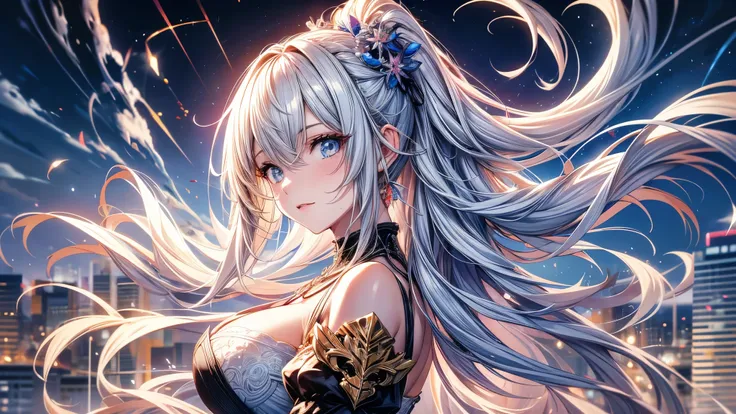 28-year-old female, beautiful anime woman, 80&#39;s, Random background from old times, Random pose, Outfits to match the background, break, shining, extremely long straight hair, (Silver hair gradually fades to light blue tail), /Hair blowing in the wind, ...