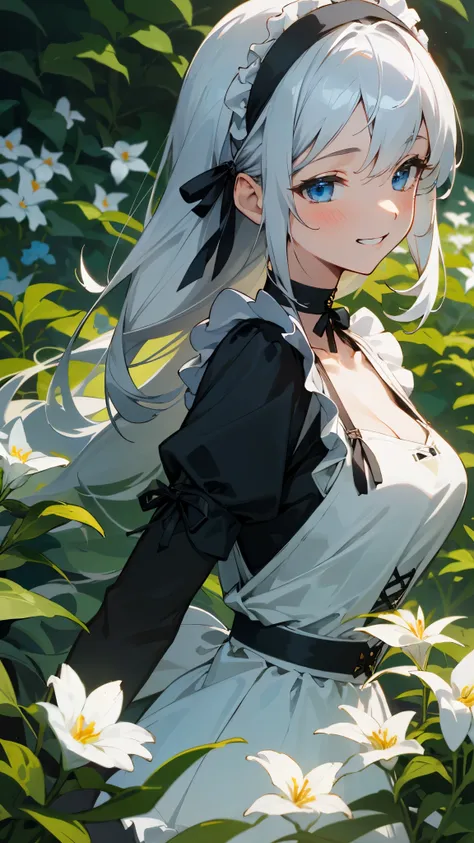 Very delicate、1 beautiful girl、anime painting、highest quality、masterpiece、Highly detailed illustration、Upper body close-up、The most knowledgeable girl、Silver Hair、Long Hair、Beautiful blue eyes、Grin、Round face、Perfect female body、From the side、Black shirred...