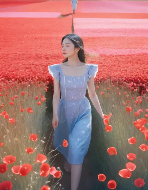 An ultra-detailed, photorealistic masterpiece in raw format, featuring a girl in vibrant red petals, surrounded by intricate crystal floral patterns, walking in a vast field of flowers under a clear blue sky, captured in 8k resolution with cinematic lighti...