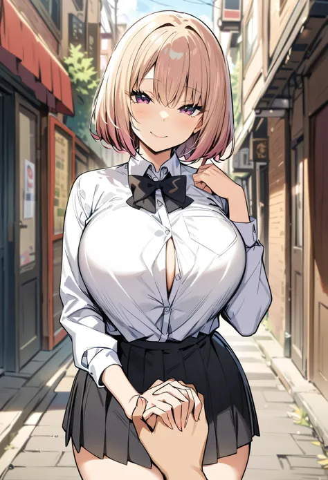 masterpiece, best quality, highres, JK,huge tit,1girl,pov, holding pov_hand,interlocked fingers, black bow,black bowtie,breasts,hair bun,long hair,looking at viewer,pleated skirt,shirt tucked in,short hair,skirt,smile,tented shirt,in street