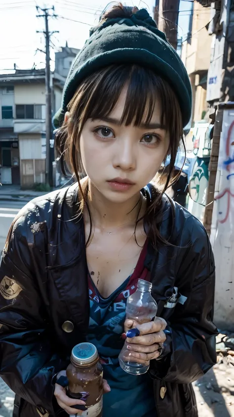 (((brown glass medicine bottle,i had a drink))),with bangs,ストレートミディアムボブカットのhomeless韓国人女性,a 21-year-old korean woman surrounded b...