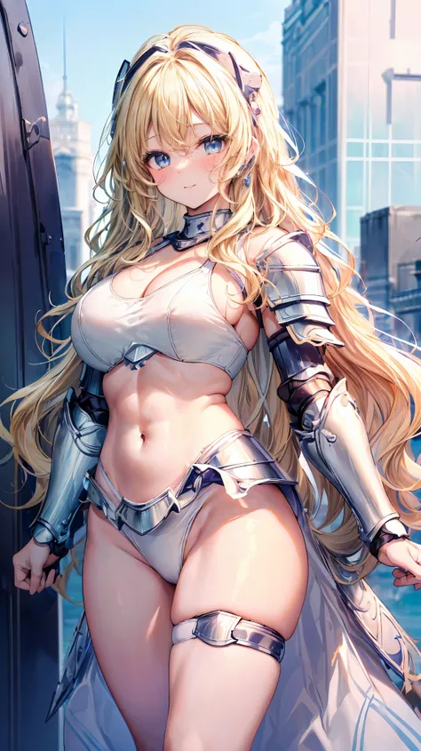 Very detailed、highest quality、Best image quality、masterpiece、8k、Anime Face、A kind smile、Open your mouth、Sparkling blue eyes、(Blonde wavy hair:1.5)、、Muscles of the whole body、camisole、Thigh belt、mini skirt、(Wearing white bikini armor:1.5)、(Cowboy Shot:1.5)、...