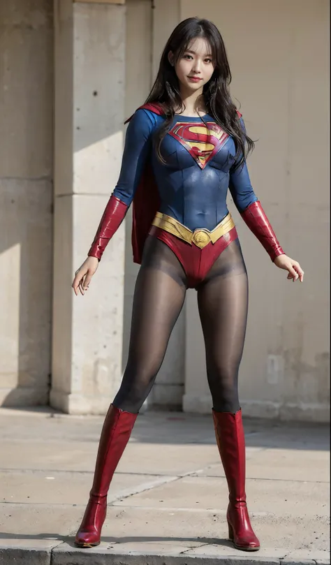 No background、(((Beautiful legs in black tights.)))、(((Legally express the beauty of your smile)))、((((Make the most of your original images)))、(((Supergirl Costume)))、(((Beautiful Hair)))、(((suffering)))、(((Please wear black tights....、Wear red boots)))、(...