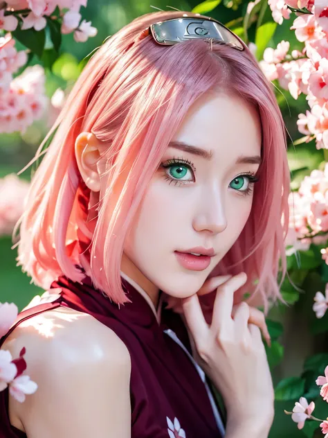 Sakura Haruno, wearing ninja costume in naruto shippuden saga, has shoulder-length pink hair, she has emerald eyes, a sharp nose, white skin, and a soft face, (best quality, highres:1.2), 1girl, beautiful detailed eyes, beautiful detailed lips, extremely d...
