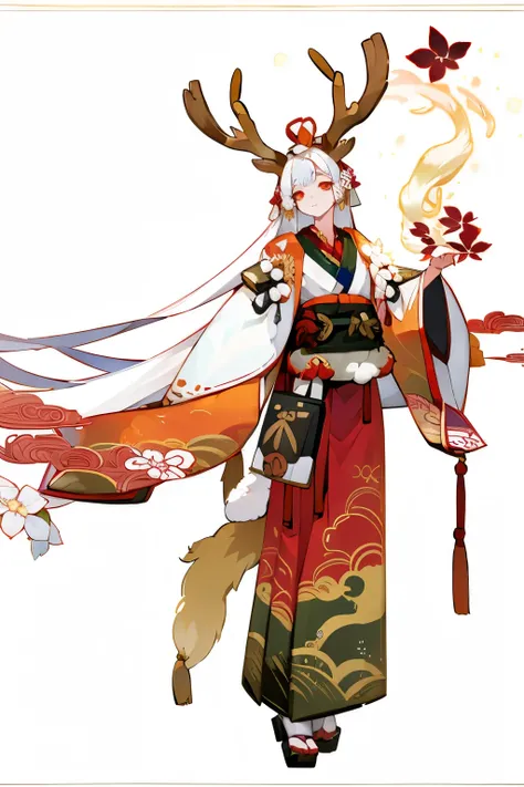 1girl, solo, full body standing, fresh flowers，Entwined vines，japanese theme, onmyoji detailed art, deer antlers, forest elements, floral decorations, fantasy theme, character design, masterpiece, high quality, 