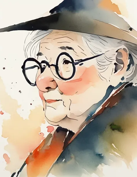 An old lady with glasses is posing with her nose, with a playful and whimsical watercolor illustration style, watercolor effect, Ink and wash are pale,painting brushwork, animation-inspired character design. Curve,comic art, modern Chinese ink painting, 32...