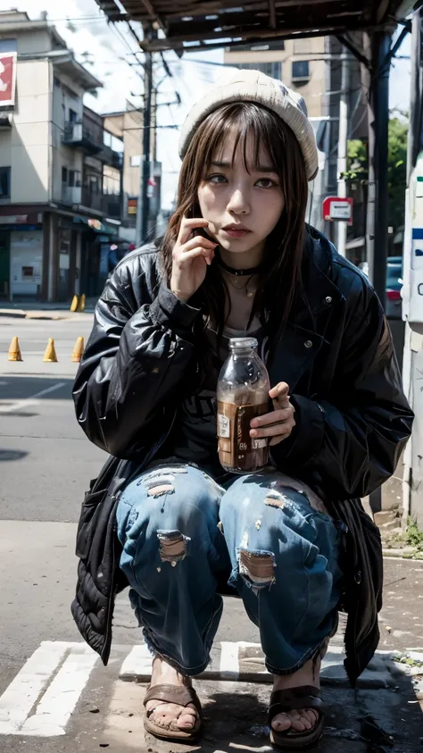 (((brown glass medicine bottle,he had a suspicious drink))),with bangs,beautiful black hair,ストレートミディアムボブカットのhomeless韓国人女性,crouch...