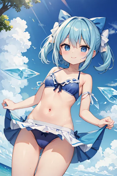 highest quality、Cirno、Oriental Project、Panty shot、smile、Angle from below