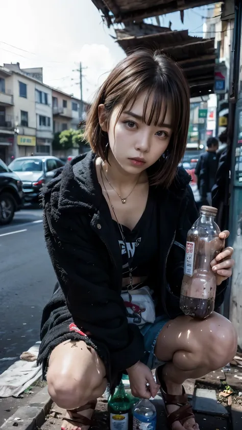 (((brown glass medicine bottle,he had a suspicious drink))),with bangs,beautiful black hair,ストレートミディアムボブカットのhomeless韓国人女性,crouch...