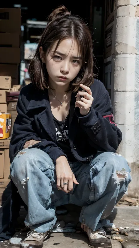 with bangs,beautiful black hair,ストレートミディアムボブカットのhomeless韓国人女性,crouching,大量のゴミに囲まれたdirty部屋の中,21 year old korean female,(((no hat)...