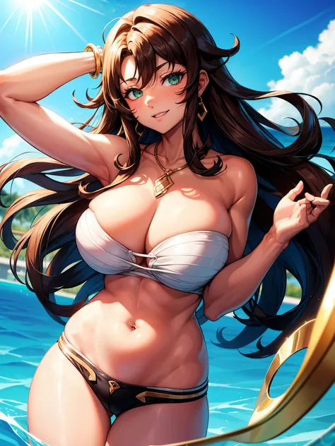 score_9, score_8_up, score_7_up, sauce_anime, BREAK, 1 girl, solo, Big Breasts, endou_yurika , ((Clear Eyes、Sharp green eyes、Brown Hair、Long Hair、Hair between the eyes、Bright Eyes、) ) make、A lot of gems、Golden earrings、Sexy Bikini、Cleavage、Pool、Sunburn mar...