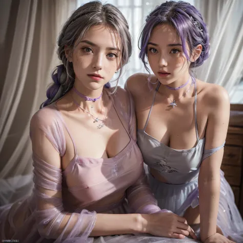 helplessly entangled in the spiders web(long lavender colored hair with a single braid accent),(grey colored eyes),(youthful freckles over nose), (anime) in bar, (choker necklace), (mischievous troublemaker), (sh44r) ,(bar setting). (best quality, 4k, high...