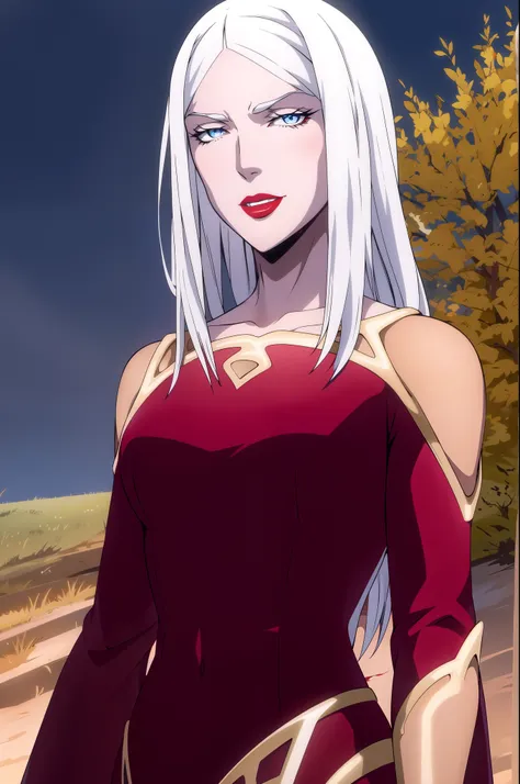 carmilla medium breasts, white hair, beautiful face, blue eyes, red lipstick, (masterpiece:1.2), best quality, absurdres, highres, extremely detailed wallpaper, perfect lighting, outdoors, grass, field, night sky,