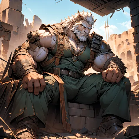 muscular white dragon, pectoralis major, heavyweight, bodybuilder figure, military uniform, crotch bulge, sitting on the ruins，i...