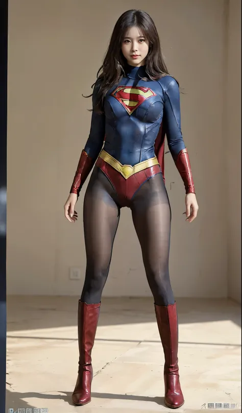 No background、(((Beautiful legs in black tights.)))、(((Legally express the beauty of your smile)))、((((Make the most of your original images)))、(((Supergirl Costume)))、(((Beautiful Hair)))、(((suffering)))、(((Please wear black tights....、Wear red boots)))、(...