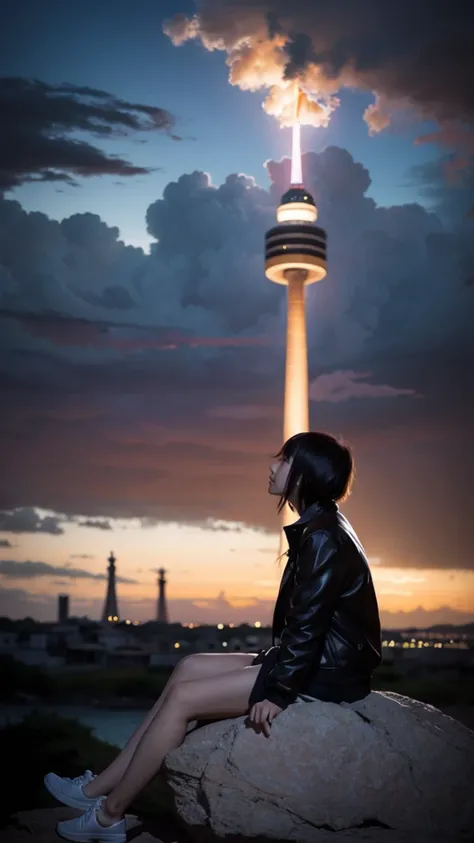 Anime girl sitting on a rock looking at the sky,A tower piercing the sky in the distance, makoto shinkai cyril rolando, anime art wallpaper 4k, anime art wallpaper 4k, Cyril Rolland and Goro Fujita, anime art wallpaper 8k, 4k anime wallpaper, anime wallpap...