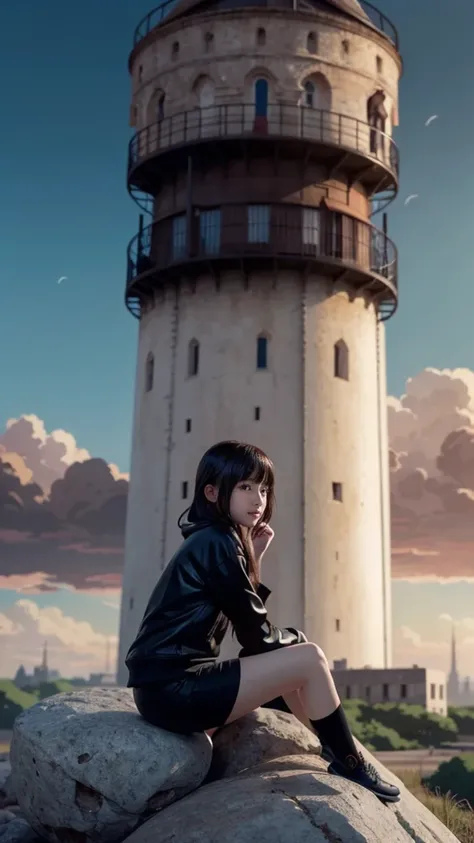 Anime girl sitting on a rock looking at the sky,A tower piercing the sky in the distance, makoto shinkai cyril rolando, anime art wallpaper 4k, anime art wallpaper 4k, Cyril Rolland and Goro Fujita, anime art wallpaper 8k, 4k anime wallpaper, anime wallpap...
