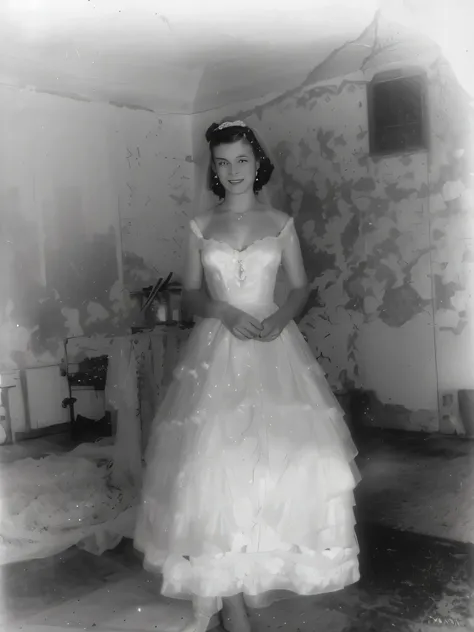 a intricate black and white photo of a woman in a wedding dress, wearing a wedding dress, wearing organza gown, 1 9 4 0s, glass negative, 1 9 5 0, 1950, photo 1960, 1950s, 1950’s, 1 9 5 0s, full dress, analog photograph, unsettling photo