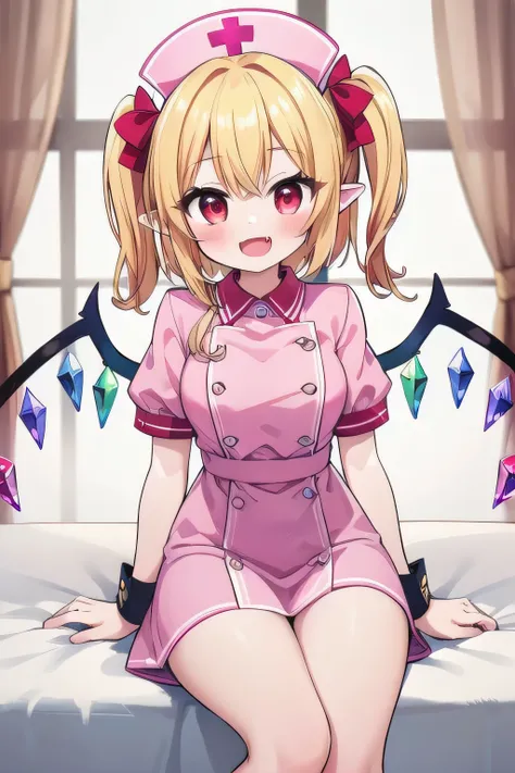 masterpiece, top quality, super detailed, CG illustration, high resolution, better lighting, best shadows, very delicate and beautiful, proper shading, hd, 8k,flandre scarlet, 1girl, solo, long hair, breasts, looking at viewer, blush, smile, open mouth, ba...