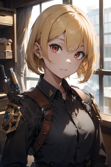 ((highest quality)), ((masterpiece)), (detailed),(pettie),Perfect Face,blonde,red eyes,Fair skin,Bob,Armament,Gunfight,military