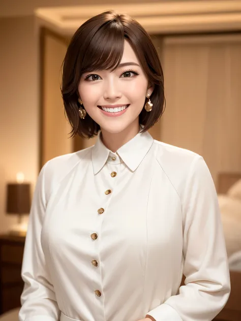 highest quality, whole body, masterpiece, Ultra-high resolution, Realistic, Very detailed, Professional lighting smile, Eagle Nose, short hair, White shirt, Face Length