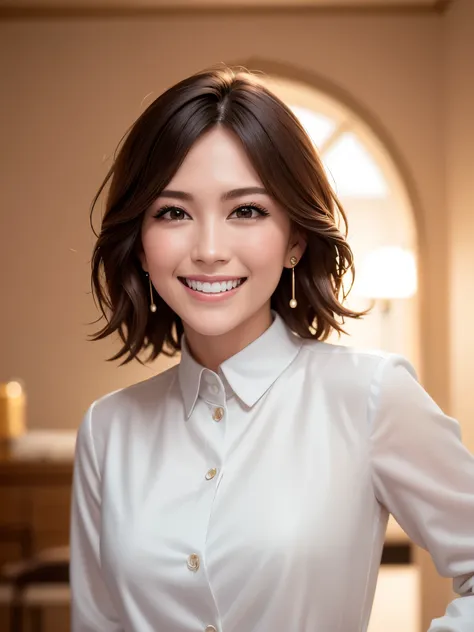 highest quality, whole body, masterpiece, Ultra-high resolution, Realistic, Very detailed, Professional lighting smile, Eagle Nose, short hair, White shirt, Face Length