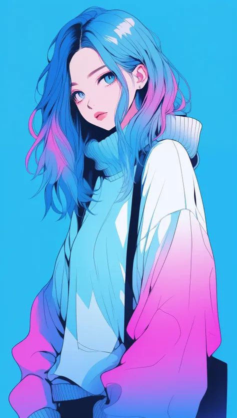 illustrator, anime , realistic ,sketch , 1 girl, ,lip, sweater,order, blue gradient background, neon hair,textured trim, canadia...