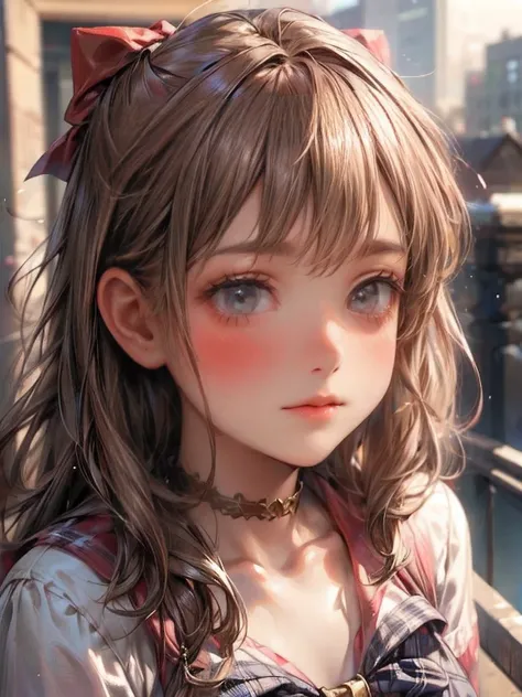 (best quality, highres, masterpiece: 1.2,8k), ultra-detailed, (realistic, photorealistic, photo-realistic), cute school girl in, Beautie, gentle  smile, full body seen, ((Middle Wave Hair, Bangs, Brown hair)), ((brown-eyed, beautiful long eyebrows, Realist...