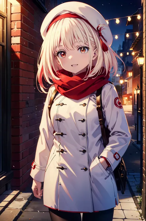 chisatonishikigi, nishikigi chisato,Long Hair , bangs, blonde, (Red eyes:1.5),happy smile, smile, Open your mouth,White knit hat,White Coat,Red Scarf,White Sweater,Hands in coat pockets,Long skirt,Black pantyhose,short boots,Shirogane World,Snow is piling ...