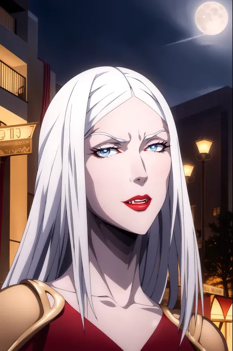 carmilla medium breasts, white hair, beautiful face, blue eyes, red lipstick, (masterpiece:1.2), best quality, absurdres, highre...