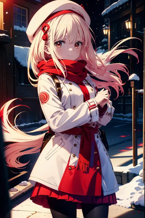 chisatonishikigi, nishikigi chisato,Long Hair , bangs, blonde, (Red eyes:1.5),happy smile, smile, Open your mouth,White knit hat,White Coat,Red Scarf,White Sweater,Hands in coat pockets,Long skirt,Black pantyhose,short boots,Shirogane World,Snow is piling ...