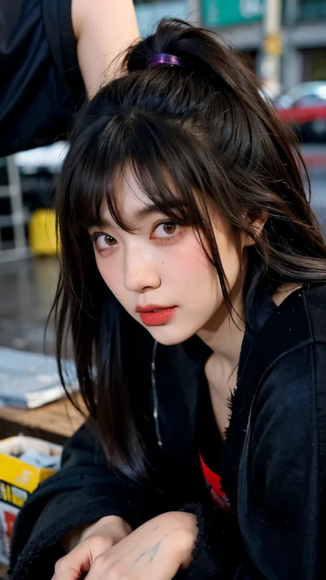 Beautiful black hair with bangs,ストレートボブカットのHomeless韓国人女性,A 21-year-old Korean woman surrounded by a pile of garbage,Very displeased look,Begging in the city,(((Homeless))),((( Bad smell,Oil,Mud stains,shit,dirty))),(((Frowning,Glaring at the camera))),Very...
