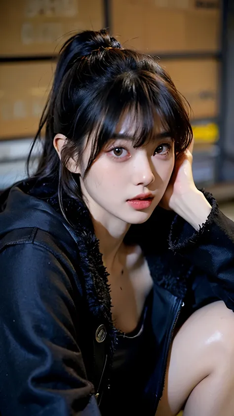 Beautiful black hair with bangs,ストレートボブカットのHomeless韓国人女性,A 21-year-old Korean woman surrounded by a pile of garbage,Very displeased look,Begging in the city,(((Homeless))),((( Bad smell,Oil,Mud stains,shit,dirty))),(((Frowning,Glaring at the camera))),Very...