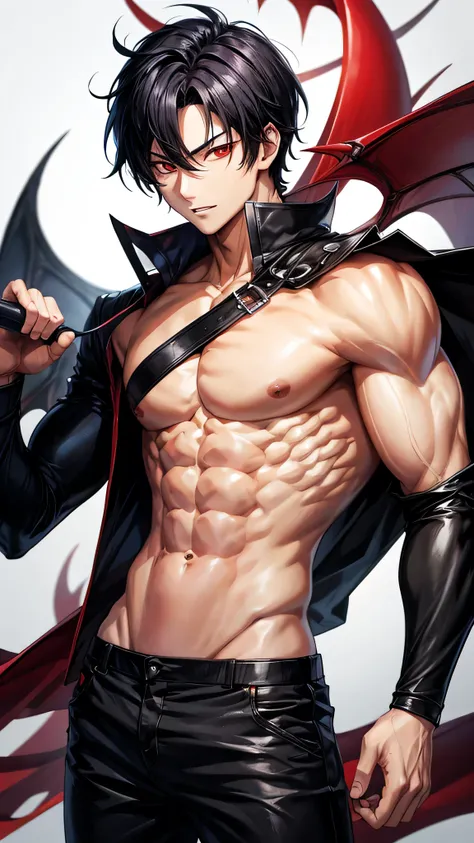 Anime guy shirtless demon with black hair and red eyes 6 pack abs 
Hot guy